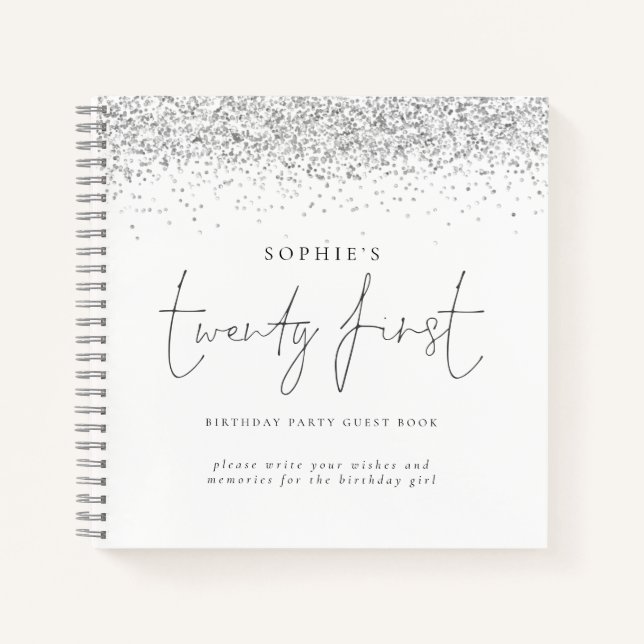 Silver Glitter Twenty First Birthday Guest Book (Front)