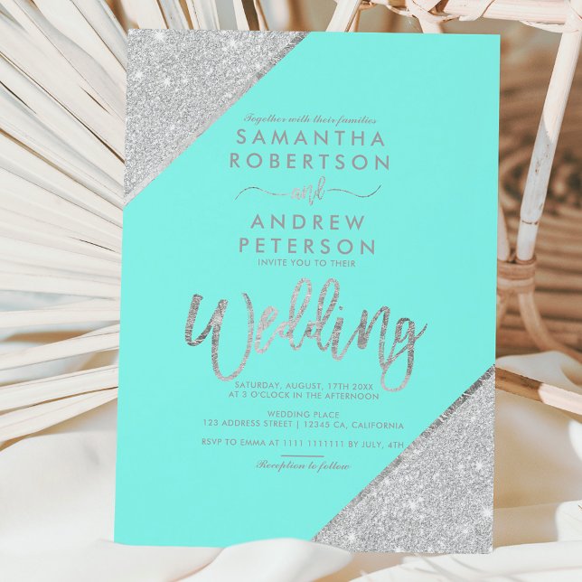 Silver glitter typography aqua blue wedding invitation (Creator Uploaded)