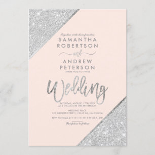 Silver glitter typography blush pink wedding invitation