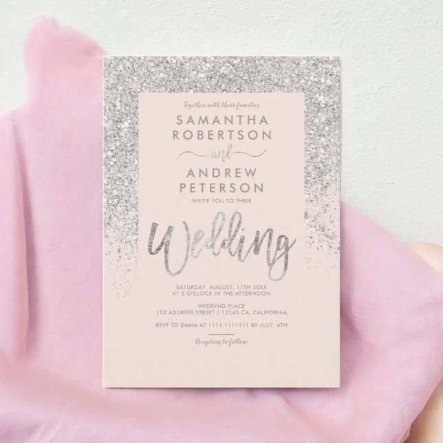 Silver glitter typography blush pink wedding invitation (Silver glitter typography blush pink wedding invitation)