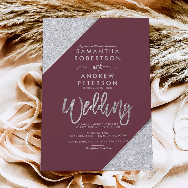 Silver glitter typography burgundy wedding invitation (Creator Uploaded)