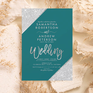 Silver glitter typography teal green wedding invitation