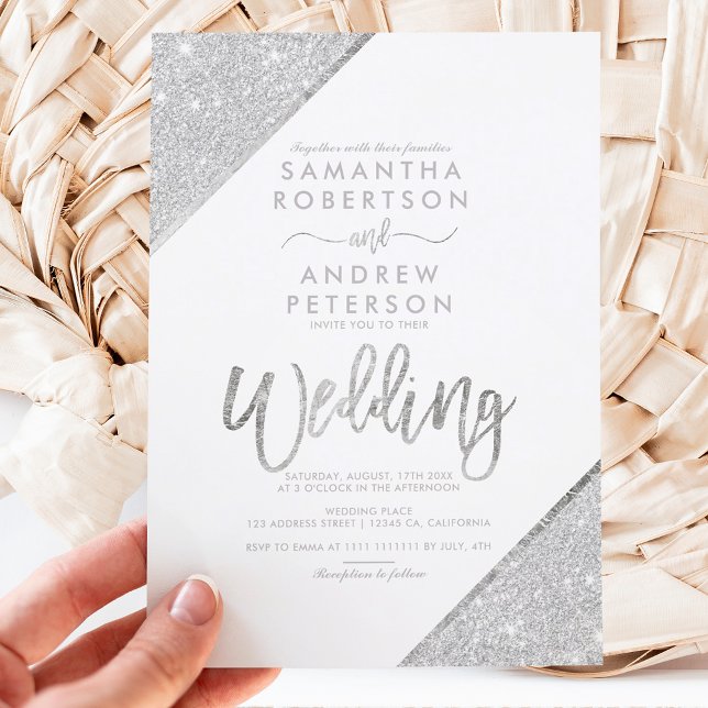 Silver glitter typography white wedding invitation (Creator Uploaded)