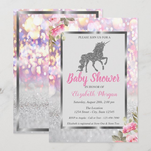 Silver Glitter Unicorn Bokeh,Floral Baby Shower Invitation (Front/Back)