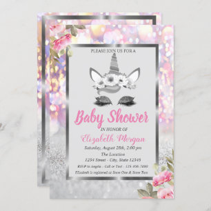 Silver Glitter Unicorn ,Floral Boeh Baby Shower Invitation