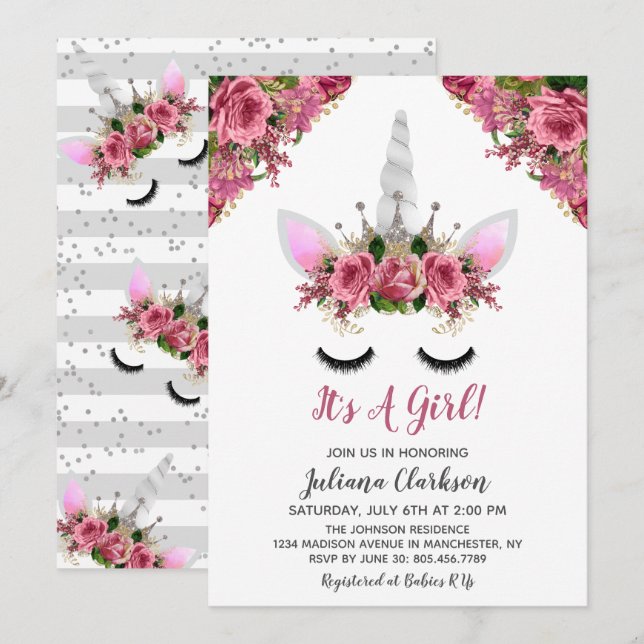 Silver Glitter Unicorn Princess Baby Shower Invitation (Front/Back)