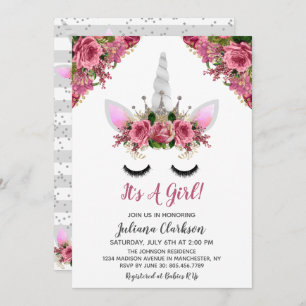 Silver Glitter Unicorn Princess Baby Shower Invitation