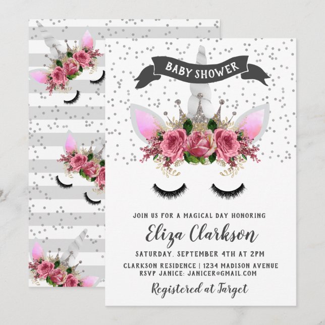 Silver Glitter Unicorn Princess Baby Shower Invitation (Front/Back)