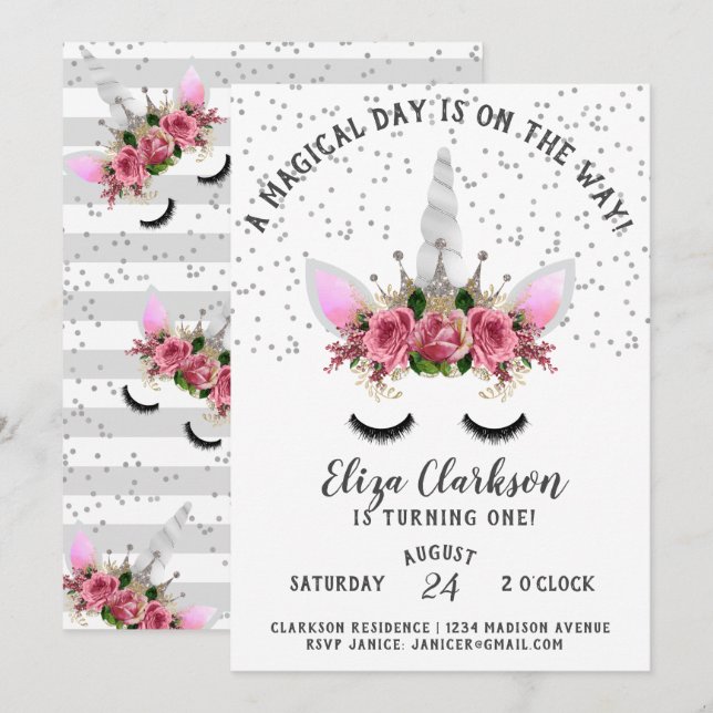 Silver Glitter Unicorn Princess Birthday Invitation (Front/Back)