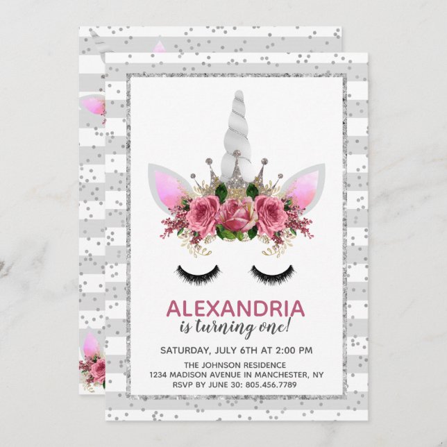 Silver Glitter Unicorn Princess Birthday Invitation (Front/Back)