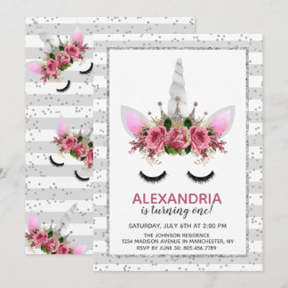 Silver Glitter Unicorn Princess Birthday Invitation