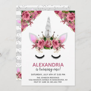 Silver Glitter Unicorn Princess Birthday Invitation