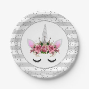 Silver Glitter Unicorn Princess Paper Plate