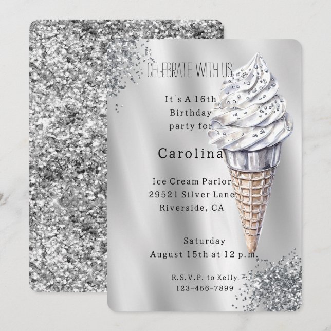 Silver Glitter Vanilla Ice Cream Cone Birthday Invitation (Front/Back)