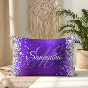 Silver Glitter Violet Indigo Foil Fancy Monogram Lumbar Cushion