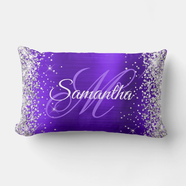 Silver Glitter Violet Indigo Foil Fancy Monogram Lumbar Cushion (Front)