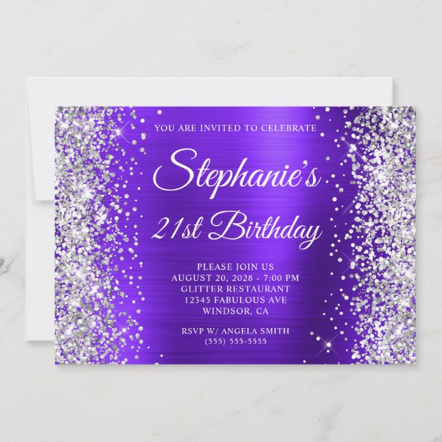 Silver Glitter Violet Monogram 21st Birthday Invitation (Front)