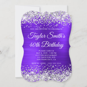 Silver Glitter Violet Monogram 40th Birthday Invitation