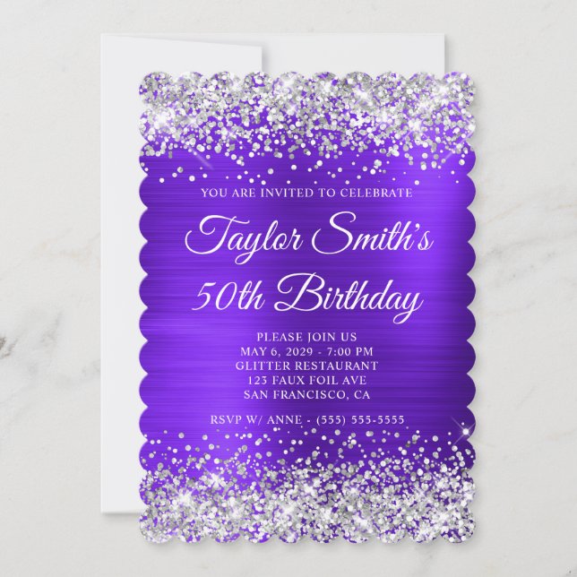 Silver Glitter Violet Monogram 50th Birthday Invitation (Front)