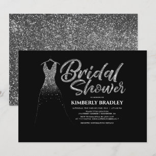 Silver Glitter Wedding Dress Black Bridal Shower Invitation