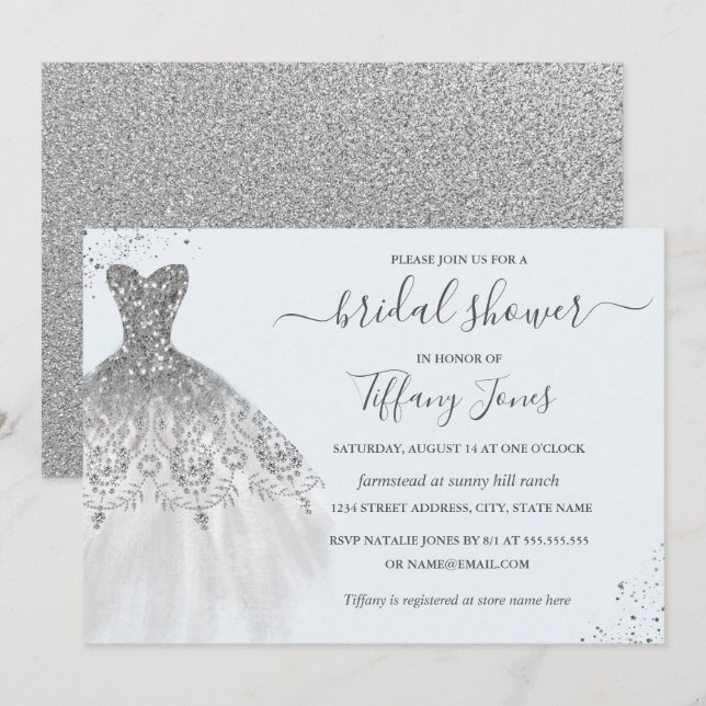Silver Glitter Wedding Dress Blue Bridal Shower Invitation (Front/Back)