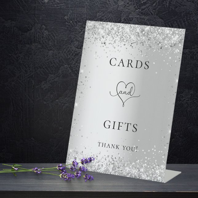Silver glitter wedding guest card gifts pedestal sign (Creator Uploaded)