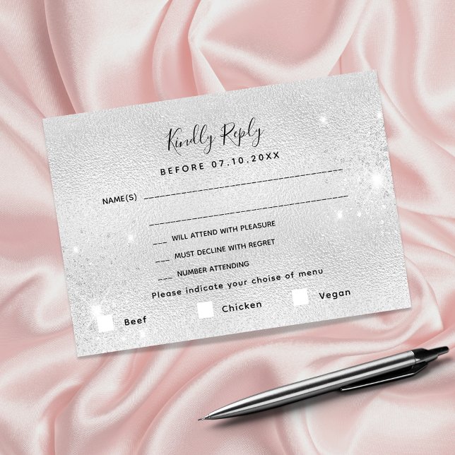 Silver glitter wedding meals RSVP Card (Creator Uploaded)