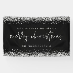Silver Glitter Welcome Merry Christmas Name Black Banner