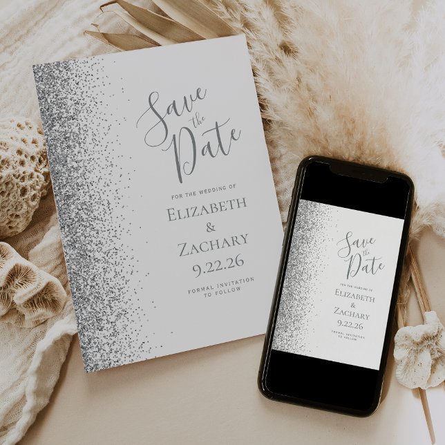Silver Glitter White Save the Date Announcement (Creator Uploaded)