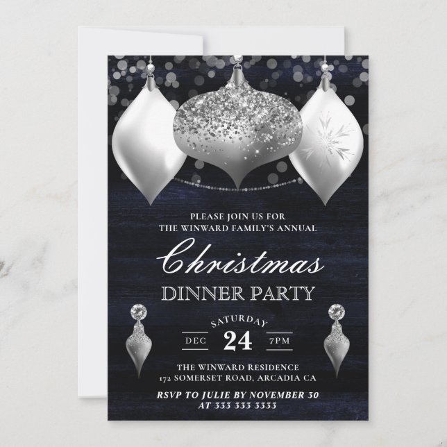 Silver Glitter Winter Baubles Christmas Dinner Invitation (Front)
