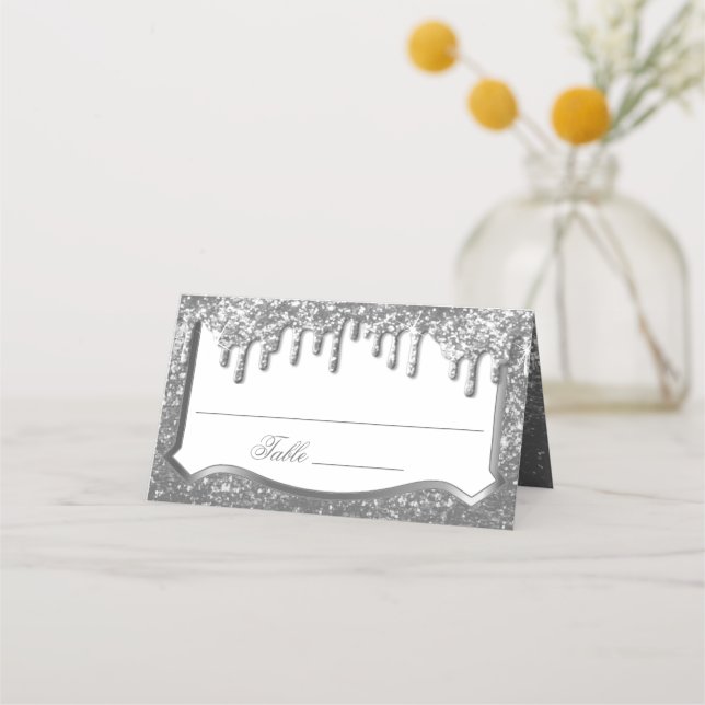 Silver Glitter with Golden Drip Place Card (Front)