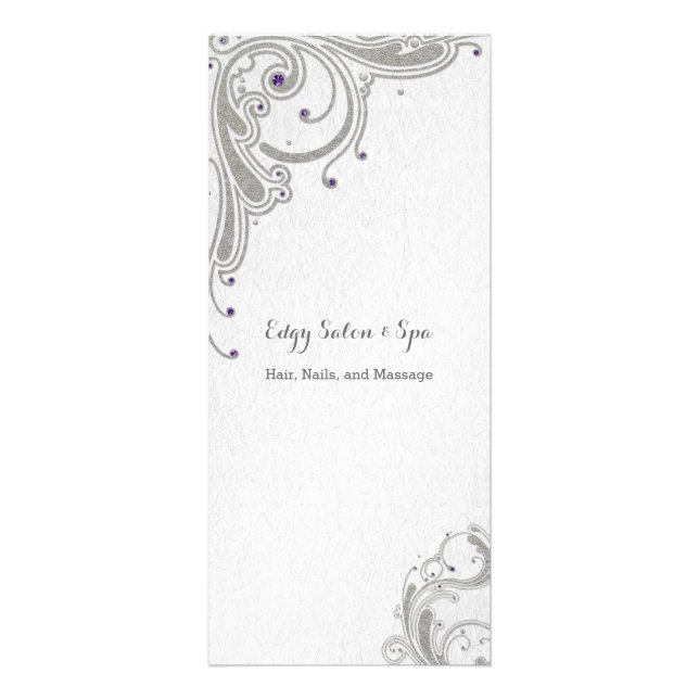 Silver glitter with purple jewels design spa salon rack card (Front)