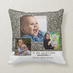 Silver Glitter Worlds Best Grandma Photo Collage Cushion