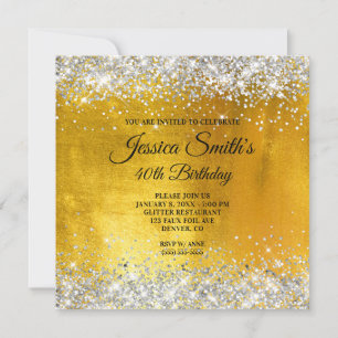Silver Glitter Yellow Gold Foil 40th Birthday Invitation