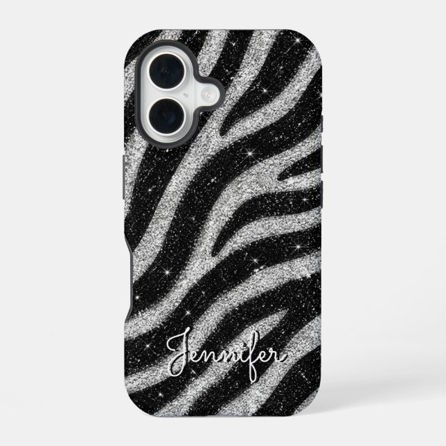 Silver Glitter Zebra Print Glam Personalized Name iPhone 16 Case (Back)