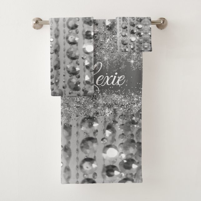 Silver Glittery Beads Personalised  Bath Towel Set (Insitu)