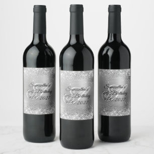 Silver Glittery Glam Foil 50th Birthday Wine Label
