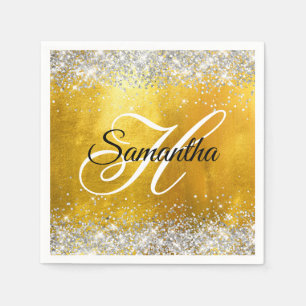 Silver Glittery Gold Foil Fancy Monogram Napkin
