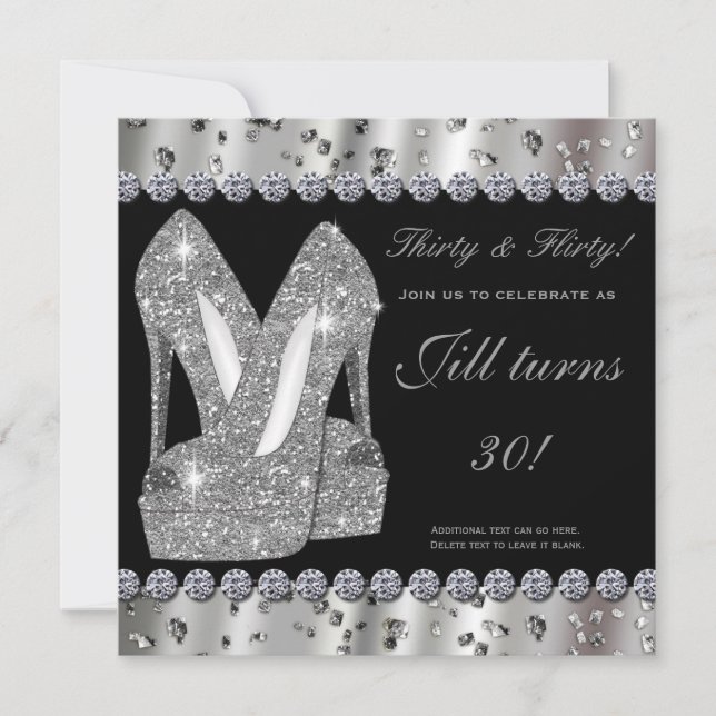Silver glittery high heels shoes party invitation (Front)
