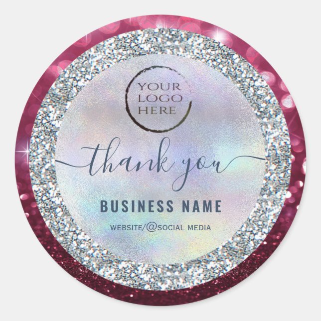 Silver glittery script thank you business logo cla classic round sticker (Front)