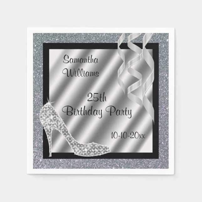 Silver Glittery Stiletto & Streamers 25th Birthday Napkin (Front)