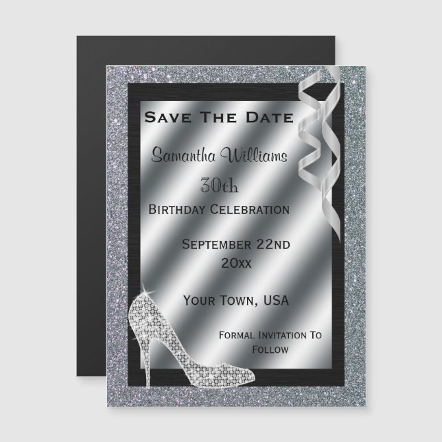 Silver Glittery Stiletto & Streamers 30th Birthday Magnetic Invitation (Front/Back)
