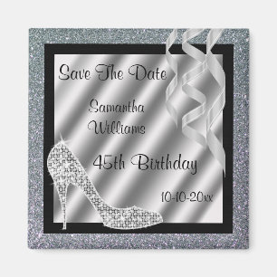 Silver Glittery Stiletto & Streamers 45th Birthday Magnet