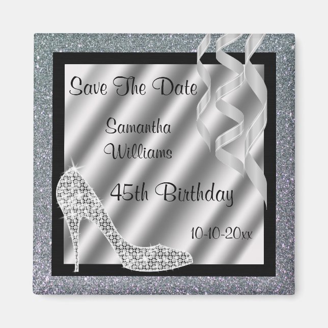 Silver Glittery Stiletto & Streamers 45th Birthday Magnet (Front)