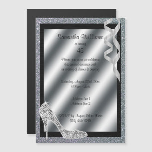 Silver Glittery Stiletto & Streamers 45th Birthday Magnetic Invitation