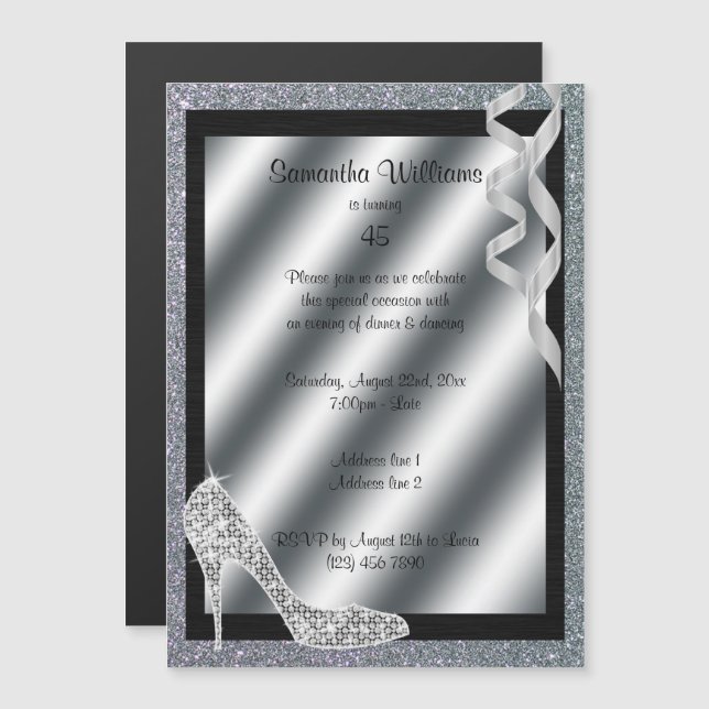 Silver Glittery Stiletto & Streamers 45th Birthday Magnetic Invitation (Front/Back)