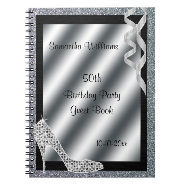 Silver Glittery Stiletto & Streamers 50th Birthday Notebook (Front)