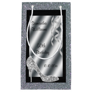 Silver Glittery Stiletto & Streamers 50th Birthday Small Gift Bag