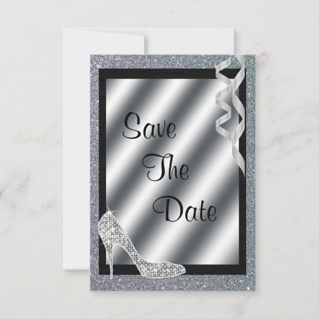 Silver Glittery Stiletto & Streamers 70th Birthday Save The Date (Front)