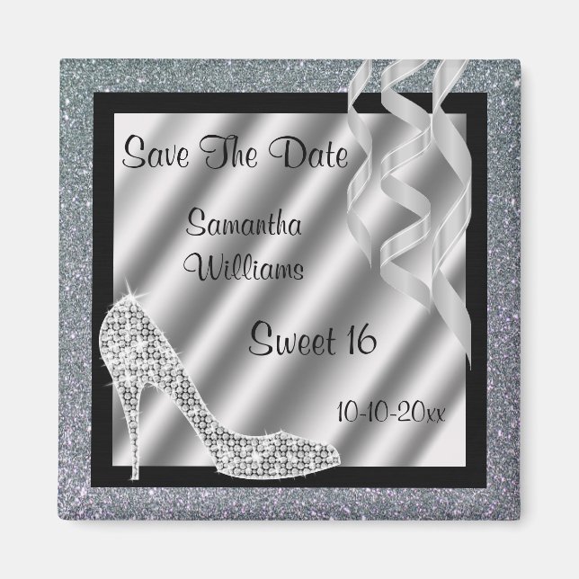 Silver Glittery Stiletto & Streamers Sweet 16 Magnet (Front)